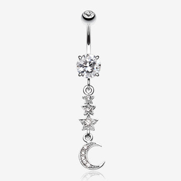 Beaming Stars and Moon Belly Button Ring-Clear Gem